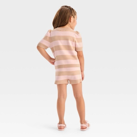 Grayson Mini Toddler Girls' Striped Puff Sleeve Sweater & Shorts Set - Beige 5T - Picture 2 of 7